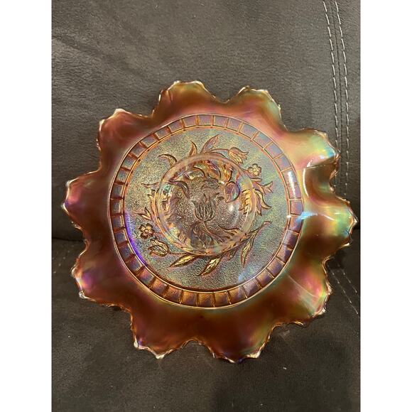 Carnival glass Ruffled 9” bowl iridescent amber marigold Windflower Dugan - Picture 2 of 3